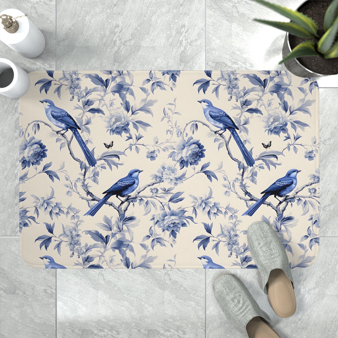 French Toile Bath Mat With Blue Floral and Birds Pattern, Large Memory