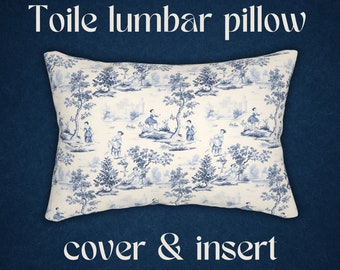 Blue Toile Lumbar Pillow: French Country Chinoiserie Floral (20x14 in)