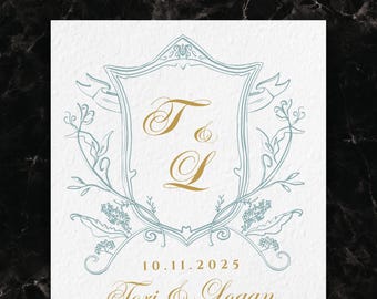 Custom Wedding Crest Design, Personalized Wedding Monogram Logo, Floral Crest with Initials, Gold Wedding Logo, Custom Wedding Emblem