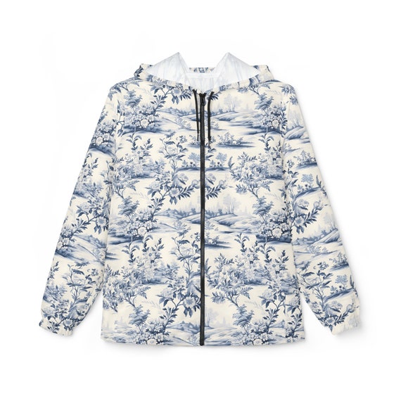 Blue Floral Rain Jacket With Hood Blue Toile Windbreaker Jacket Summer Outfit Blue Women Jacket With Hood and Zippers for Rainy Days Etsy Canada