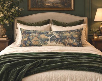 French Verdure Aubusson Long Bed Pillow, Vintage Forestry Lumbar Body Pillow, French Chateau Bedroom Decor, Dark Green Bolster Pillow
