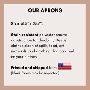 Puede incluir: Un gr&aacute;fico informativo rectangular con fondo claro y texto oscuro titulado OUR APRONS. Especifica un tama&ntilde;o de 80 cm por 65 cm, describe una construcci&oacute;n de lona de poli&eacute;ster resistente a las manchas e incluye un peque&ntilde;o icono de la bandera de EE. UU.