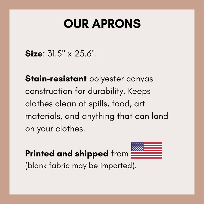 Puede incluir: Un gr&aacute;fico informativo rectangular con fondo claro y texto oscuro titulado OUR APRONS. Especifica un tama&ntilde;o de 80 cm por 65 cm, describe una construcci&oacute;n de lona de poli&eacute;ster resistente a las manchas e incluye un peque&ntilde;o icono de la bandera de EE. UU.