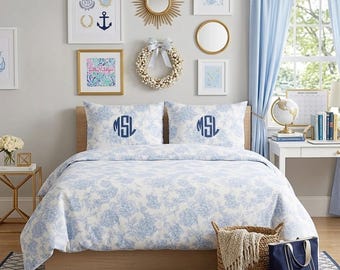 Blue Hydrangea Dorm Bedding Set – Custom College Bedding Bundle with Optional Rug & Monogram | Preppy Coastal Dorm Room Decor