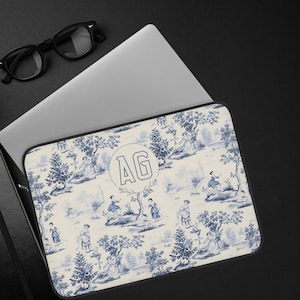 Blauwe Toile-laptophoes, 12, 13 of 15 inch, Back to School-benodigdheden, monogramlaptop, tablethoes met aangepaste initialen, universiteitscadeau