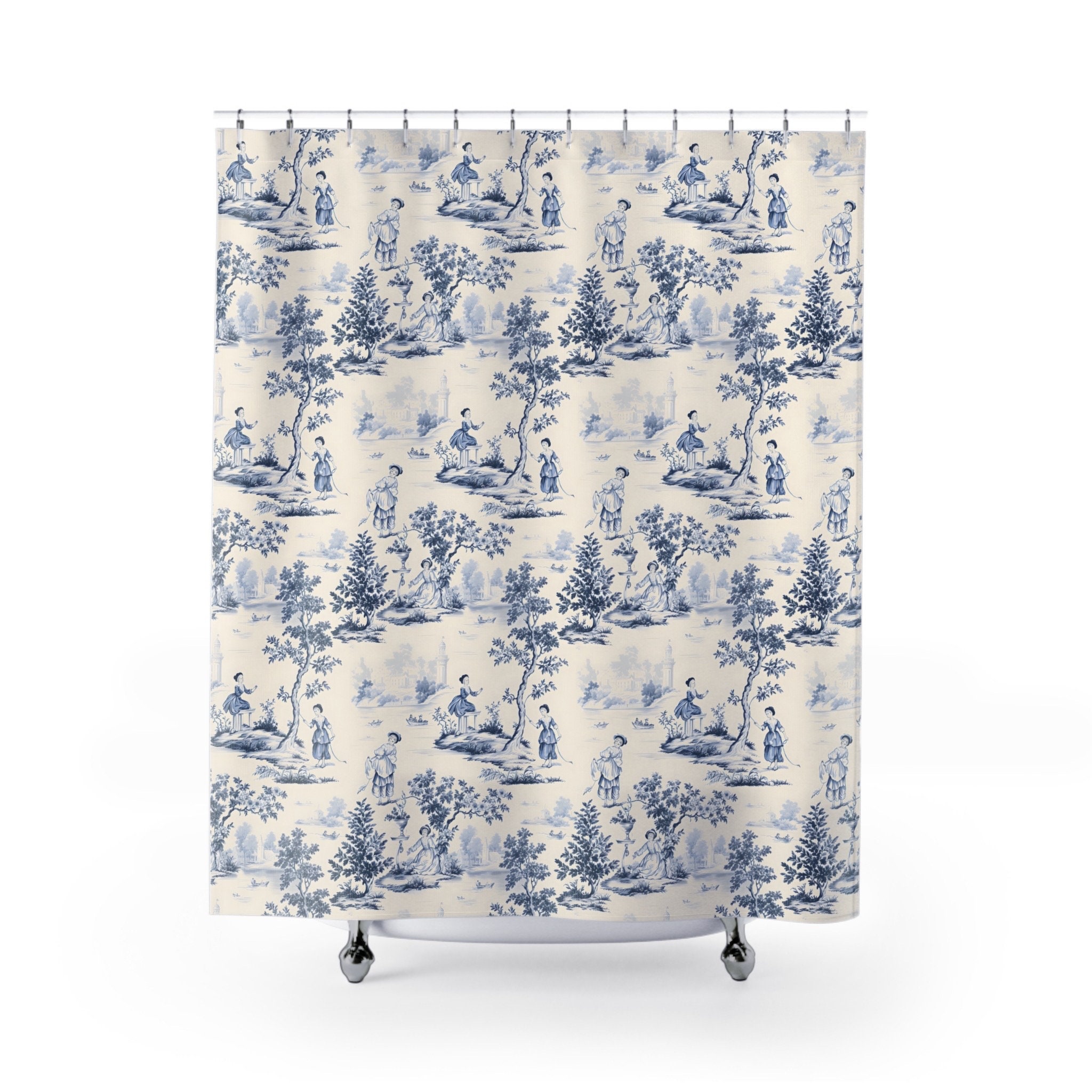 Toile De Jouy Shower Curtains, Blue Pastoral Curtain, Provincial Shabby