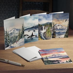 Cartes de vœux Seattle - Monuments du nord-ouest du Pacifique (paquet de 5) - Aquarelles : Seattle, Mt Rainier, Mt Baker, Snoqualmie Falls, Puget Sound
