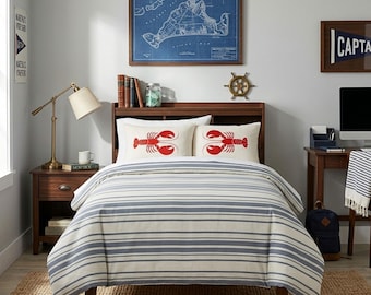 Ensemble de literie pour dortoir à rayures nautiques, couvre-oreillers homard rouge marine, literie pour dortoir garçon, lits jumeaux XL Queen, BCBG côtier, literie en coton bleu et rouge