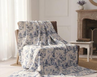 Blue Toile de Jouy Fleece Throw Blanket: French Country Decor