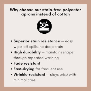 Puede incluir: Un gr&aacute;fico informativo titulado Why choose our stain-free polyester aprons instead of cotton. Enumera beneficios que incluyen resistencia superior a las manchas, alta durabilidad, resistencia a la decoloraci&oacute;n, secado r&aacute;pido y resistencia a las arrugas.