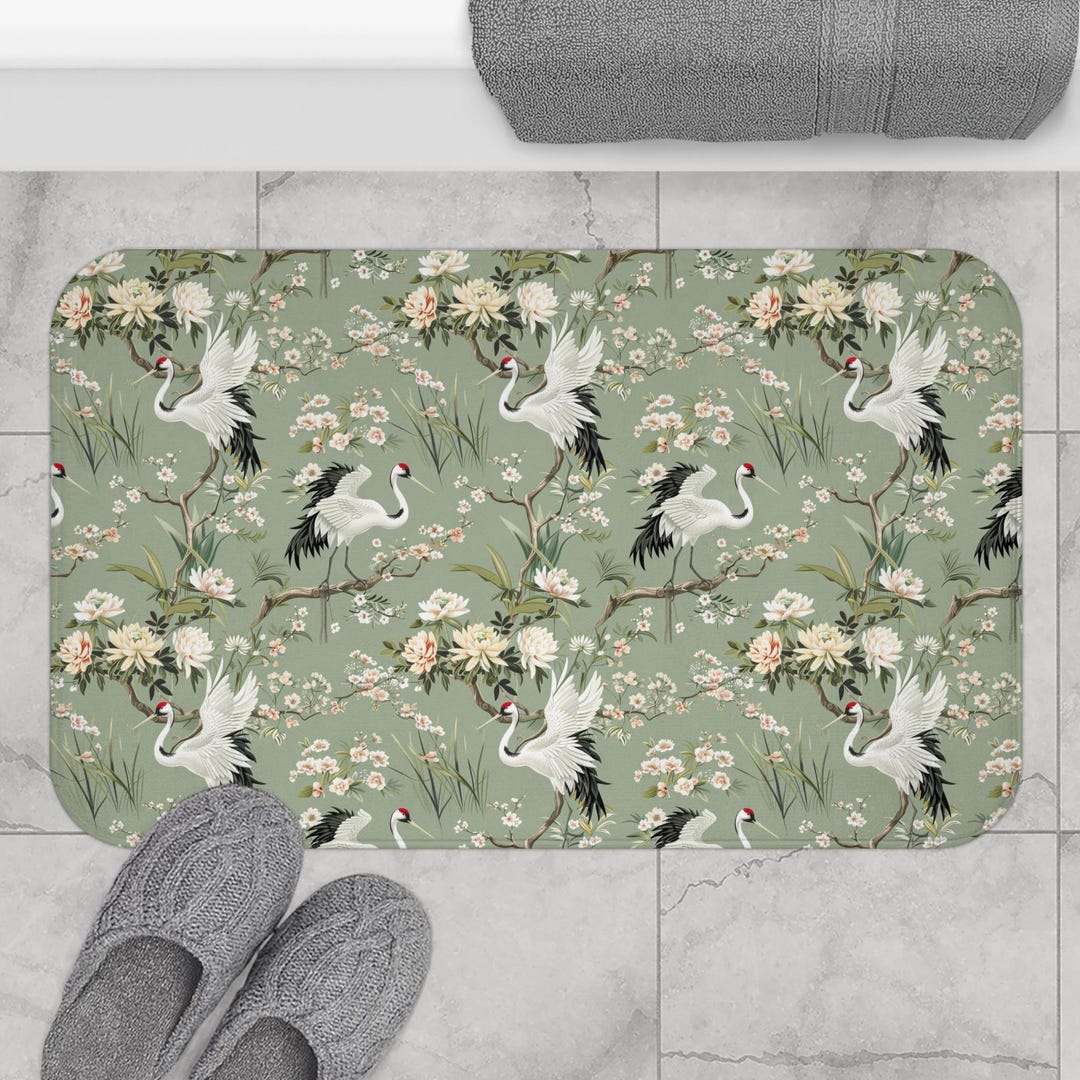 Japanese Crane Bath Mat, Japandi Bathroom Decor, Red Crowned Crane