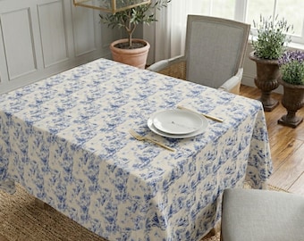Blauw katoenen tafelkleed toile: Frans landelijk decor, blauw pastoraal katoenen tafellinnen