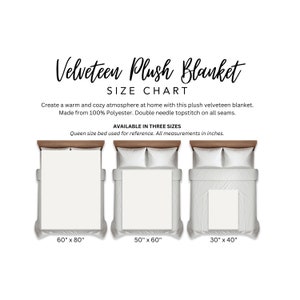 May include: A Velveteen Plush Blanket size chart featuring three white blankets on queen beds. Text includes: Velveteen Plush Blanket, SIZE CHART, 100% Polyester, Double needle topstitch, and sizes 60" x 80", 50" x 60", and 30" x 40".