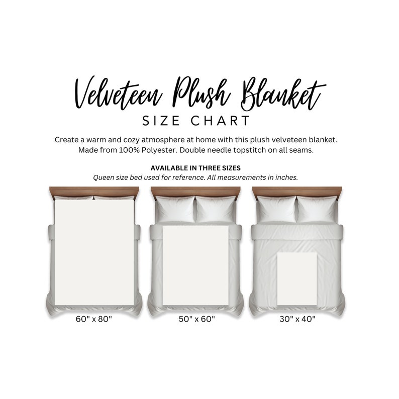 May include: A Velveteen Plush Blanket size chart featuring three white blankets on queen beds. Text includes: Velveteen Plush Blanket, SIZE CHART, 100% Polyester, Double needle topstitch, and sizes 60" x 80", 50" x 60", and 30" x 40".