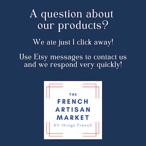May include: A navy blue graphic with white text asking questions about products and encouraging Etsy messages for quick responses. The French Artisan Market logo is at the bottom.