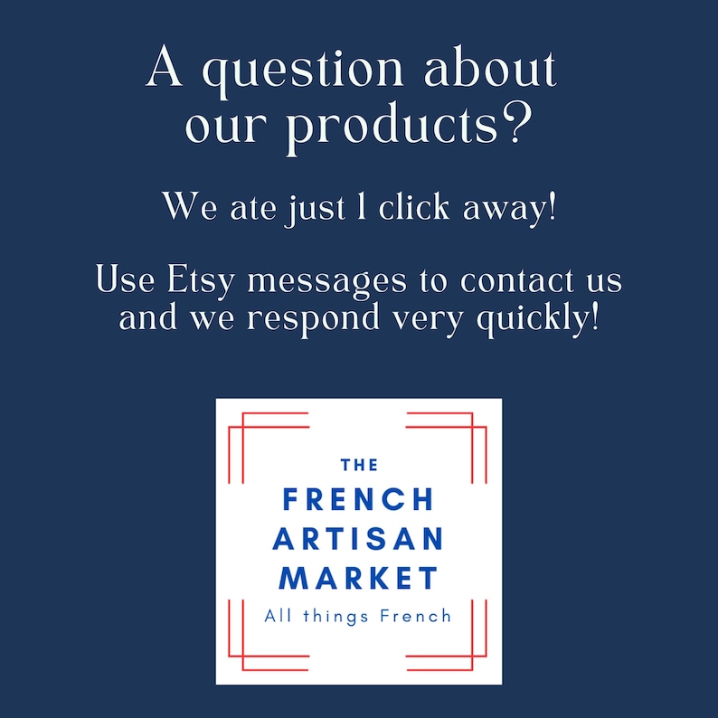 May include: A navy blue graphic with white text asking questions about products and encouraging Etsy messages for quick responses. The French Artisan Market logo is at the bottom.
