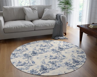 Round Rug with French toile de Jouy blue and white patterns, Spring 2024 home decor