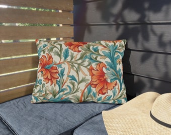 William Morris Outdoor Pillows, colorful floral outdoor pillows with blue and orange tones, different shapes, water resistant outdoor pillow