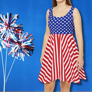 American Flag Skater Dress – Patriotic 4th of July Dress, USA Flag Dress, Parade Outfit, Stars Stripes, Red White Blue Patriotic Dress