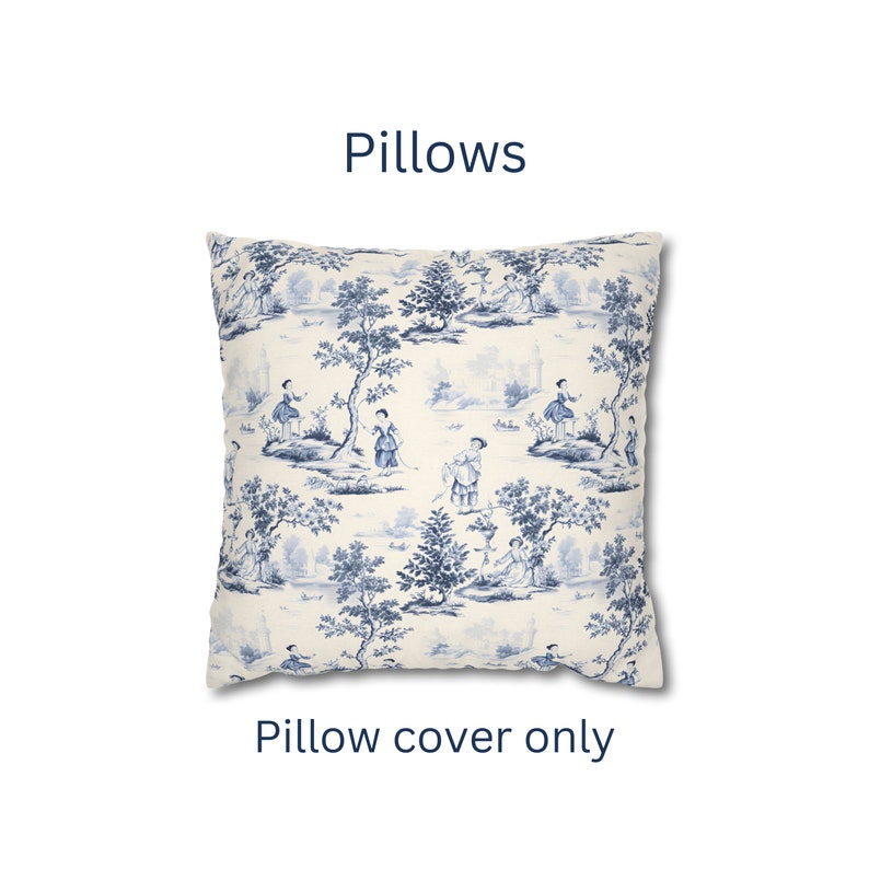 May include: A square pillow cover featuring a blue and white toile pattern with illustrations of people in outdoor settings among trees and landscape elements. The text "Pillows" appears above the item, and "Pillow cover only" is printed below.