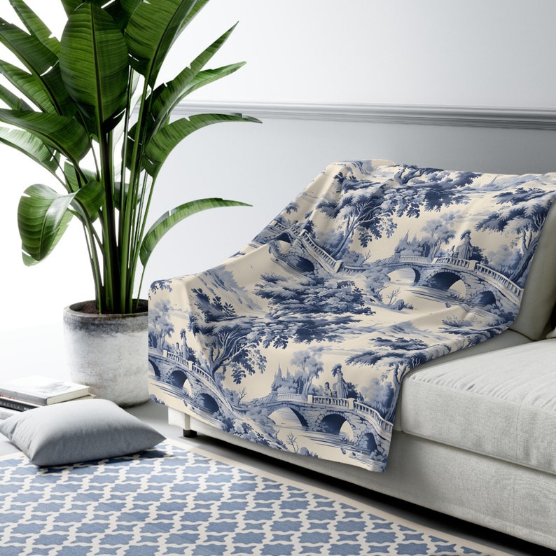 Toile de Jouy Throw blanket, Blue pastoral, French country throw, chic living room decor, blue shabby chic plush blanket, velveteen blanket image 1