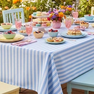 May include: A beautifully set outdoor table with a light blue and white striped tablecloth. The table is laden with colorful food, drinks, and flowers. There are bowls of berries, pastries, and a tiered dessert stand with macarons. Pink drinks with straws are in glasses.