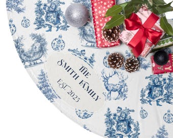 Custom Blue Christmas Tree Skirt, Traditional Nordic Holiday Decor, Blue Scandinavian Christmas Toile Tree Skirt, Festive Holiday Tree Skirt