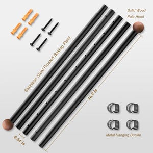 May include: A set of black metal poles with solid wood pole heads, screws, wall anchors, and metal hanging buckles. The poles are 16.9 inches long and 0.64 inches in diameter. The text reads "Stainless Steel Frosted Baking Paint."
