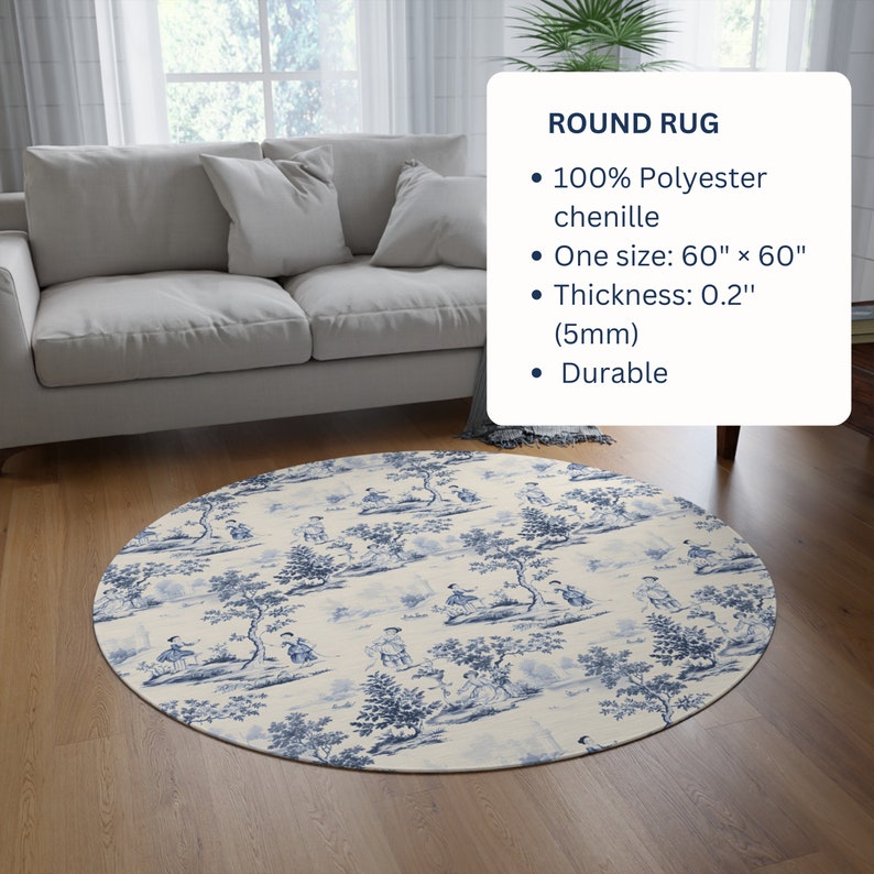 May include: A round rug featuring a blue and white toile pattern of figures and trees. The text on the product label reads: ROUND RUG, 100% Polyester chenille, One size: 60" x 60", Thickness: 0.2" (5mm), Durable. The rug is made of polyester chenille.