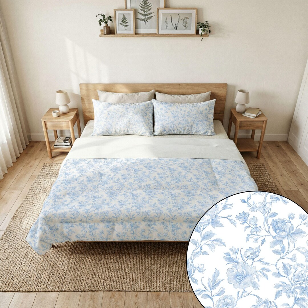 Spring Toile Blue COTTON - Blue Floral Toile Bedding Set, Blue Toile Comforter and Pillow ...
