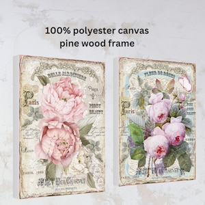 Op de afbeelding: Twee vintage-stijl bloemendrukken met roze rozen en pioenen. De prints bevatten de tekst "Belle Jardiniere" en "Fleur de Roses" met de woorden "Paris, 1889" en de naam "Paul Charvet" onderaan elke print.