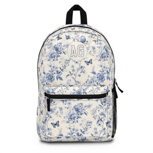 Anpassad monogramblå blommig ryggsäck: Blå Toile, preppy presentidé till skolstarten