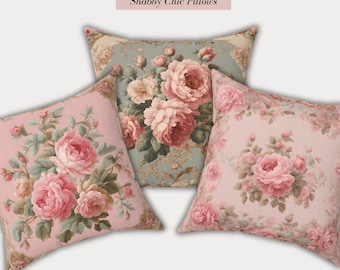 May include: Three square throw pillows featuring floral patterns with pink roses and green leaves. The top pillow has a light blue background, while the two bottom pillows have a light pink background. Text at the top reads MIX & MATCH Shabby Chic Pillows.