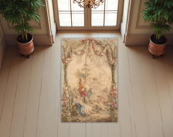 French Aubusson Tapestry Area Rug | 18th-Century French Pastoral Scene, Entryway pastel floral rug, Small Aubusson accent rug