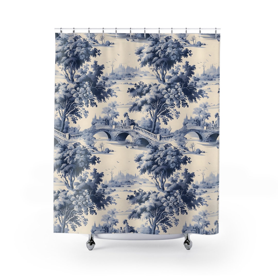 French Toile Shower Curtains, Blue Pastoral Curtain, Shabby Chic