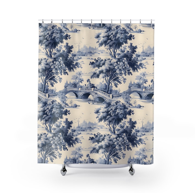 French Toile Shower Curtains, Blue Pastoral Curtain, Shabby Chic