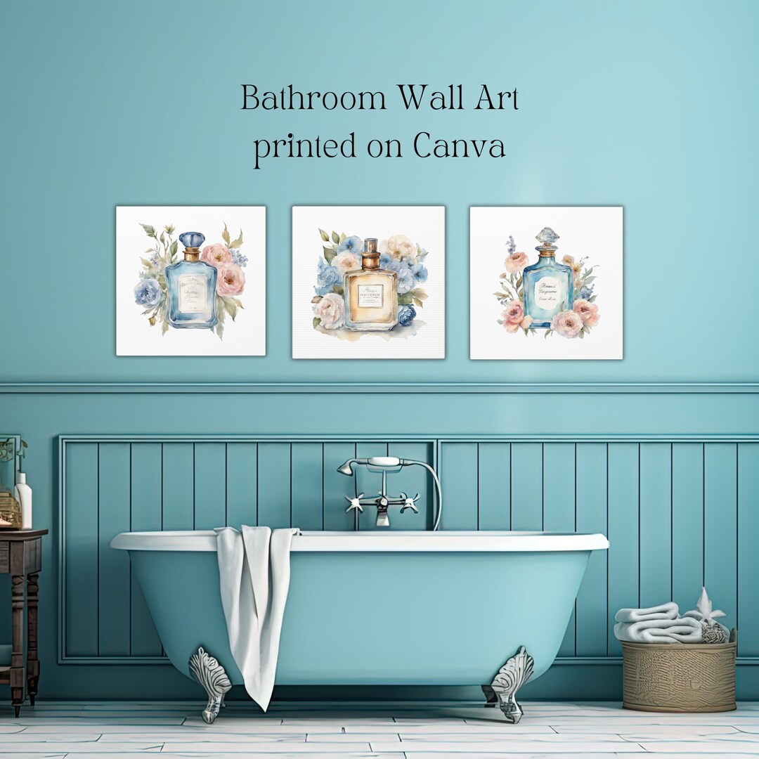 French Blue Bathroom Wall Art Set of 3 Square Wall Art, Shabby Chic