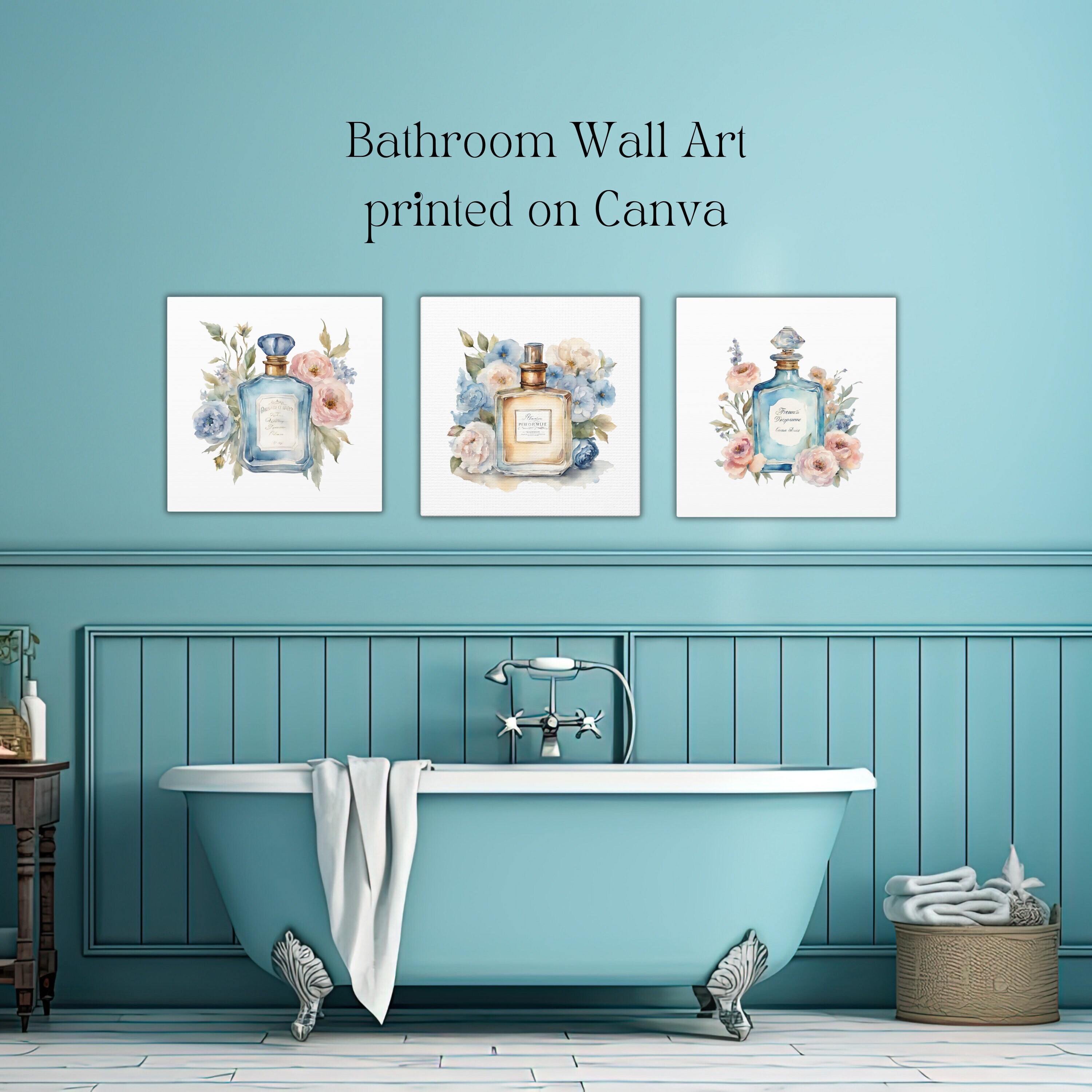 French Blue Bathroom Wall Art Set of 3 Square Wall Art, Shabby Chic