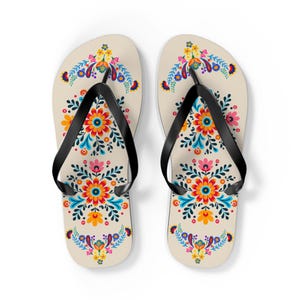 Mexican Floral Flip Flops, Colorful Women's Beach Sandals, Latino Culture Style, Mexican Fashion, Summer Footwear, Beach Thongs