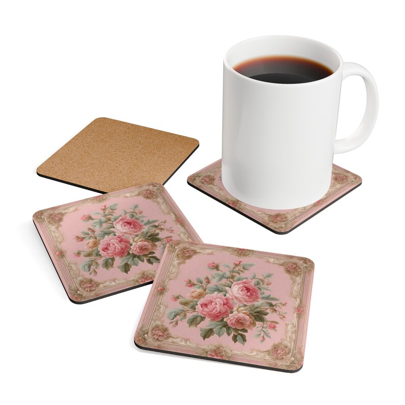 Floral Farmhouse Coaster Set of 4: Shabby Chic Cork Coasters, Rococo Home Accent image 5