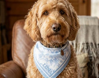 Custom Blue Floral Pet Bandana, Personalized Dog Collar, Matching Toile Dog Scarf for Dog Owner, Monogram Purse Scarf, Preppy Gift for Dog