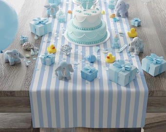 Blue Striped Cotton Table Runner, Elegant Dining Decor, Baby Shower Table cover, Baby boy decor