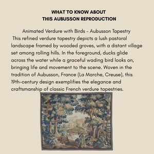 May include: A framed Aubusson tapestry reproduction. The tapestry features a pastoral landscape with trees, water, and birds. The text at the top reads "WHAT TO KNOW ABOUT THIS AUBUSSON REPRODUCTION". The tapestry is a 19th-century design.