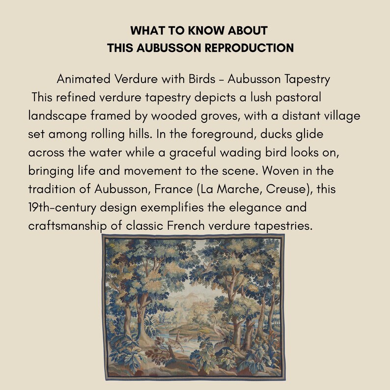 May include: A framed Aubusson tapestry reproduction. The tapestry features a pastoral landscape with trees, water, and birds. The text at the top reads "WHAT TO KNOW ABOUT THIS AUBUSSON REPRODUCTION". The tapestry is a 19th-century design.