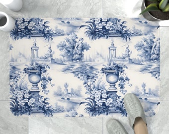 Grand tapis de bain en toile bleue, tapis de bain en mousse à mémoire de forme, décoration de salle de bain shabby chic, salle de bain campagnarde française, coureur de bain floral bleu