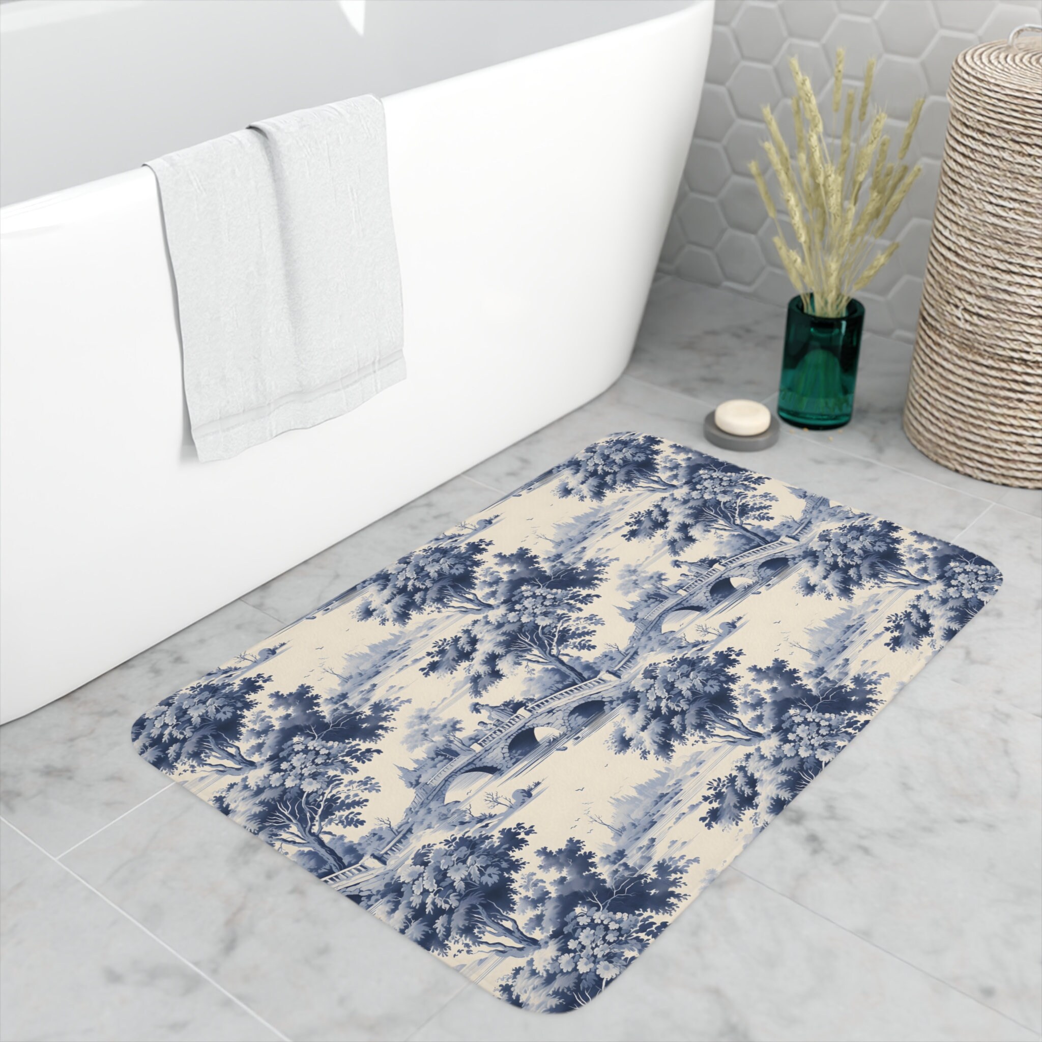 French Provincial Large Bath Mat With Pastoral Scene, Memory Foam Bath Mat, Blue Toile Bath Mat