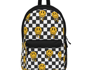 Checkered Backpack, Middle School Laptop Bag with Dripping Smiley Faces, 90s Retro Design, Emo Teen Back to School Gift, School Bag
