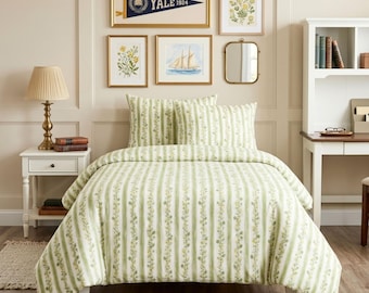 Elegante biancheria da letto preppy per dormitorio: set composto da copripiumino e federa coordinata con stampa floreale e righe verdi effetto acquerello, ideale per la camera del college (misura singola extra-lunga).