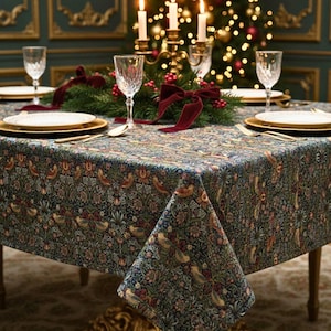 ストロベリーシーフコットンテーブルクロス：ウィリアムモリスボタニカルテーブルリネン、正方形または長方形