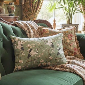 Sage Green Crane Birds Pillow, Chinoiserie Luxury Lumbar Cushion, Mid-Century Decor, Bird Floral Throw Pillow